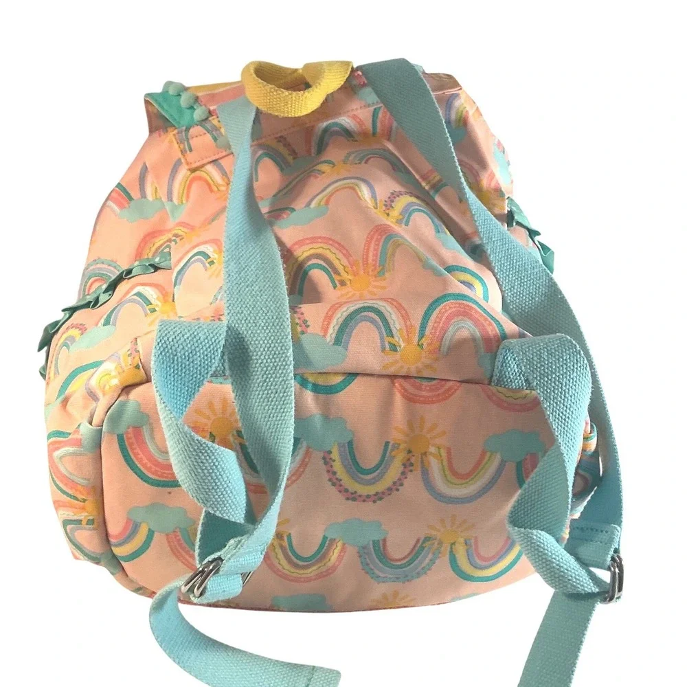 Matilda Jane Rainbow Sun Pink Teal Pom Pom Tassel Drawstring Backpack Bag